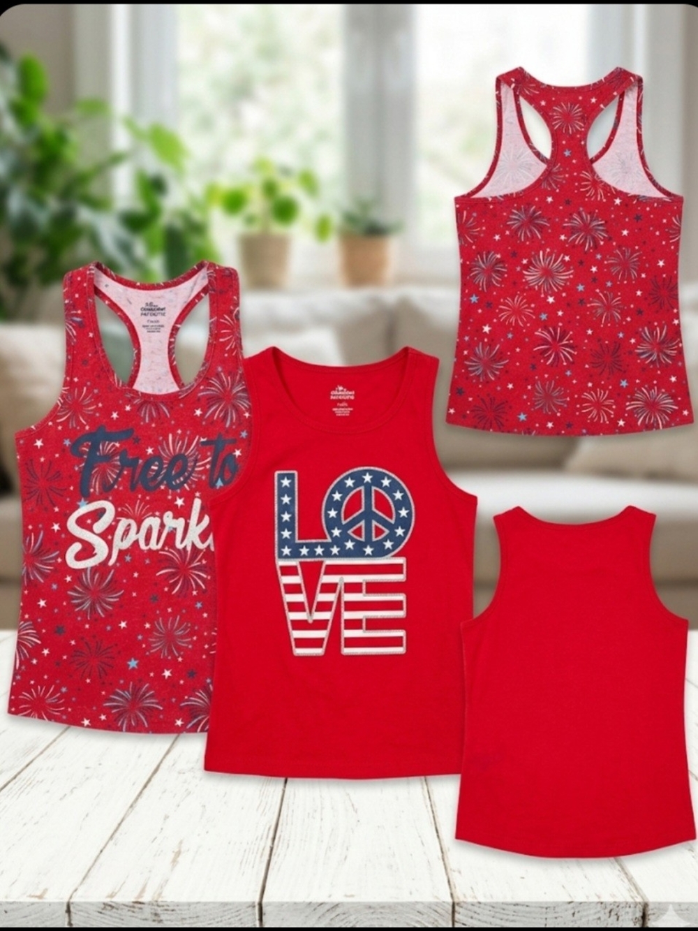 Girls 4th Of July Tank Tops Set Sz S(6-6x) & M (7-8) Patriotic Fireworks 2pk